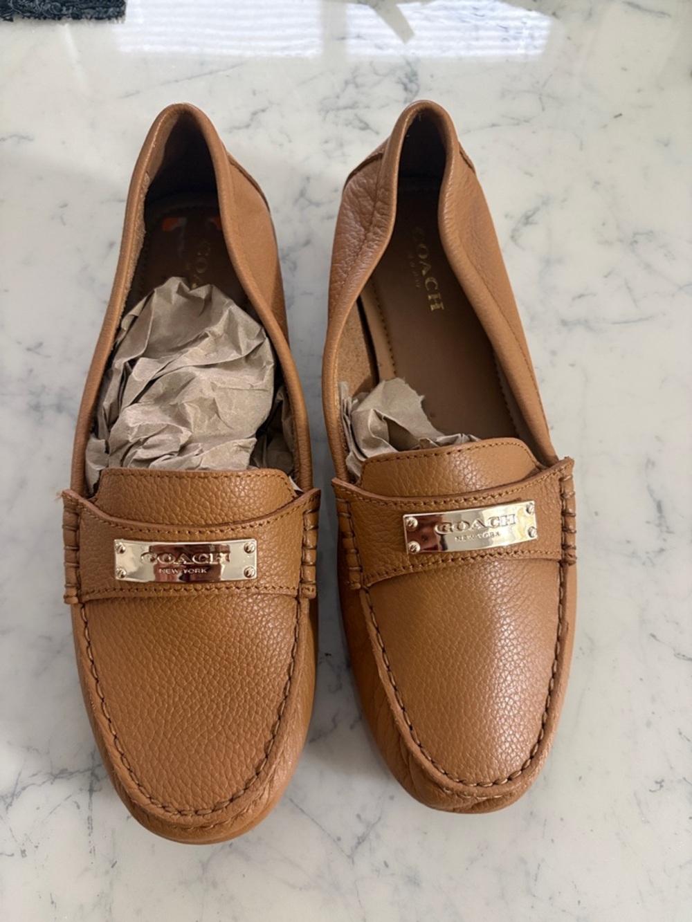 COACH Tan Pebbled Leather Penny Loafers with Gold Plate